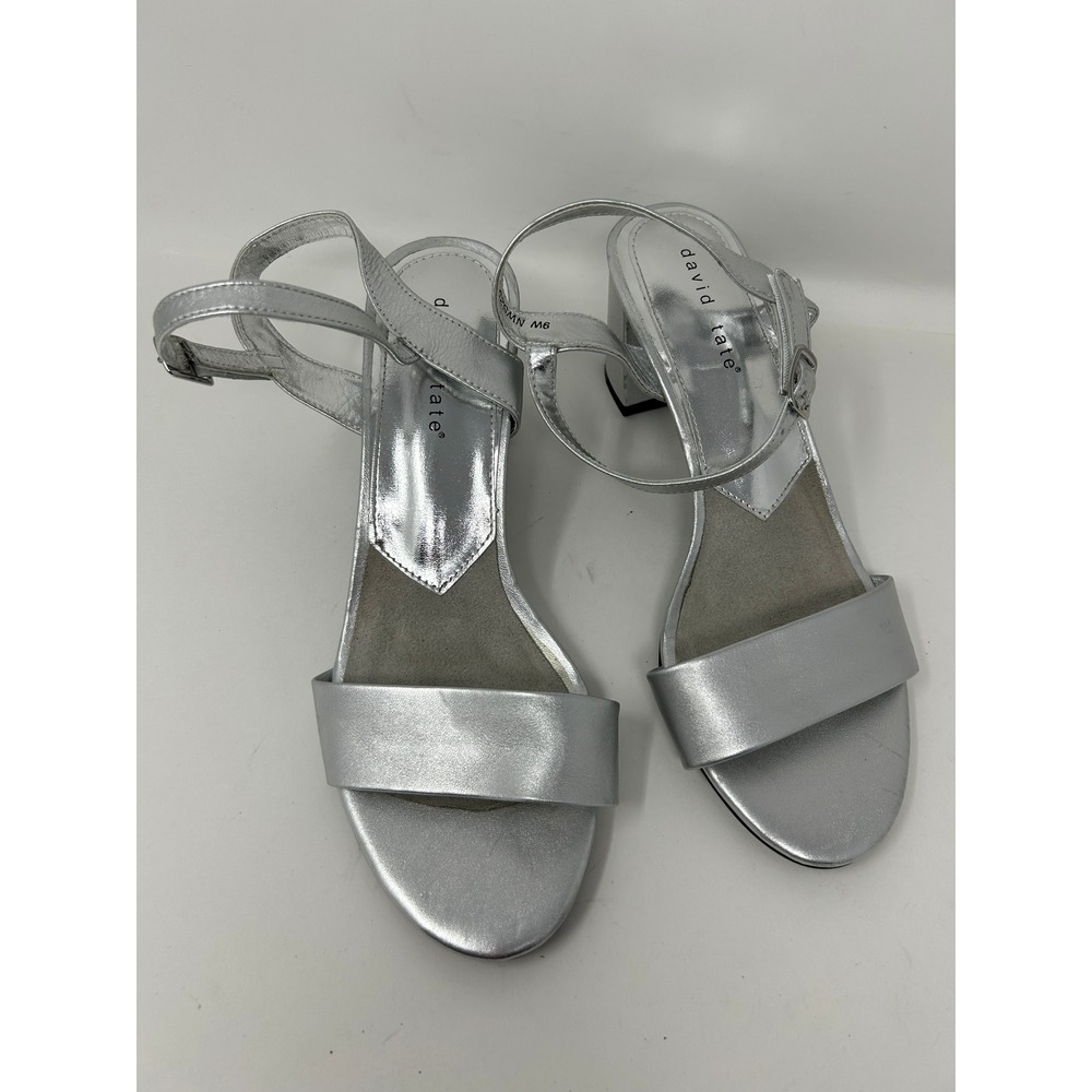 David Tate Silver Metallic Block Heel Ankle Strap Sandals Shoes Womens 9 Wide